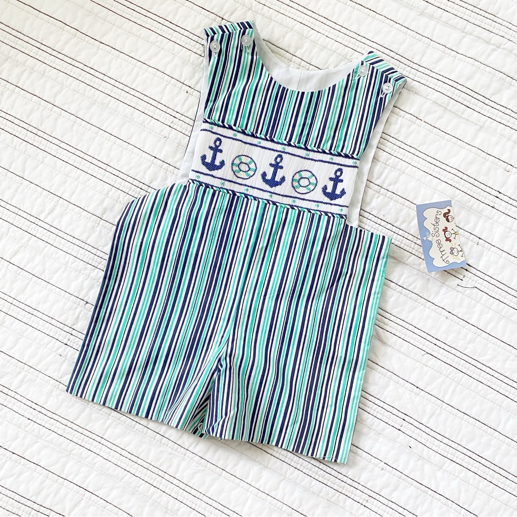 Nwt Three Sisters Smocked Nautical Beach Jonjon Blue Green Romper Size 9 Months